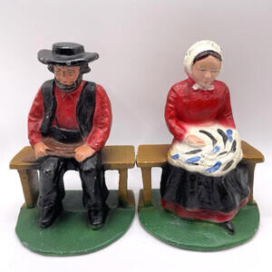 Vintage 5" Pair Cast Iron Bookends Door Stops of Amish Man‎ and Woman Felt Base